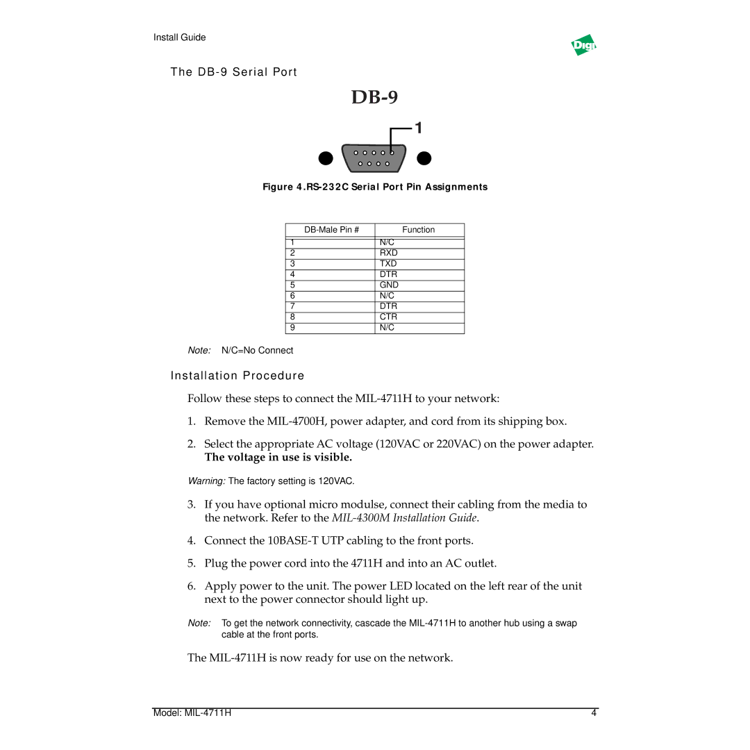 Digi MIL-4711H manual DB 9 Serial Por t, Installation Procedure 