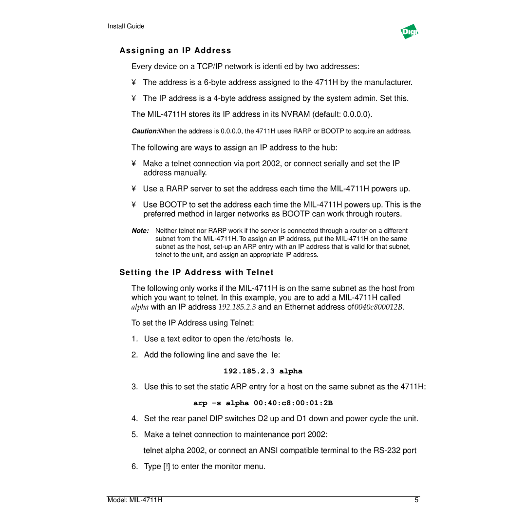 Digi MIL-4711H manual Assigning an IP Address, Setting the IP Address with Telnet, Alpha 