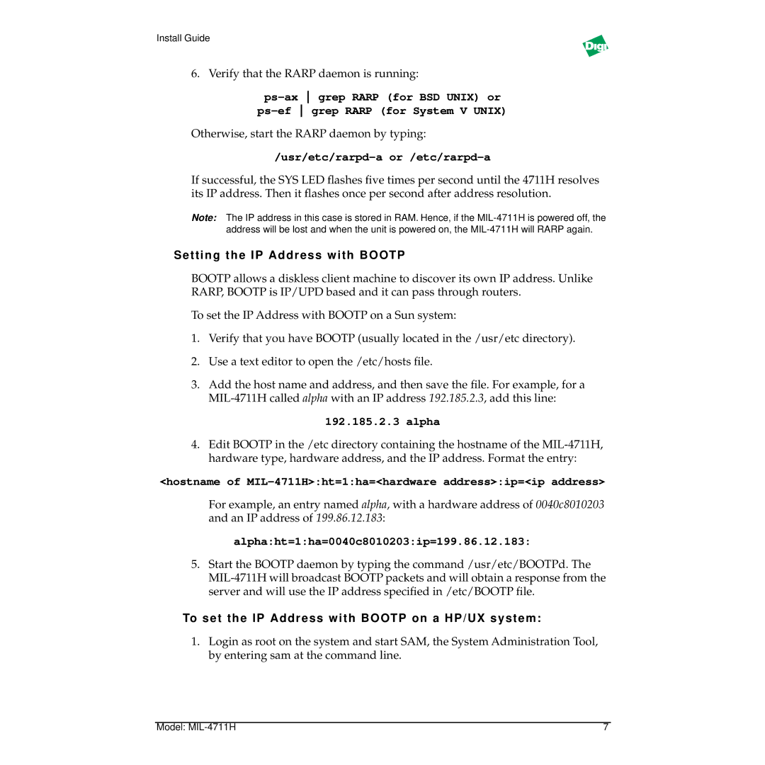 Digi MIL-4711H manual Usr/etc/rarpd-a or /etc/rarpd-a, Setting the IP Address with Bootp 