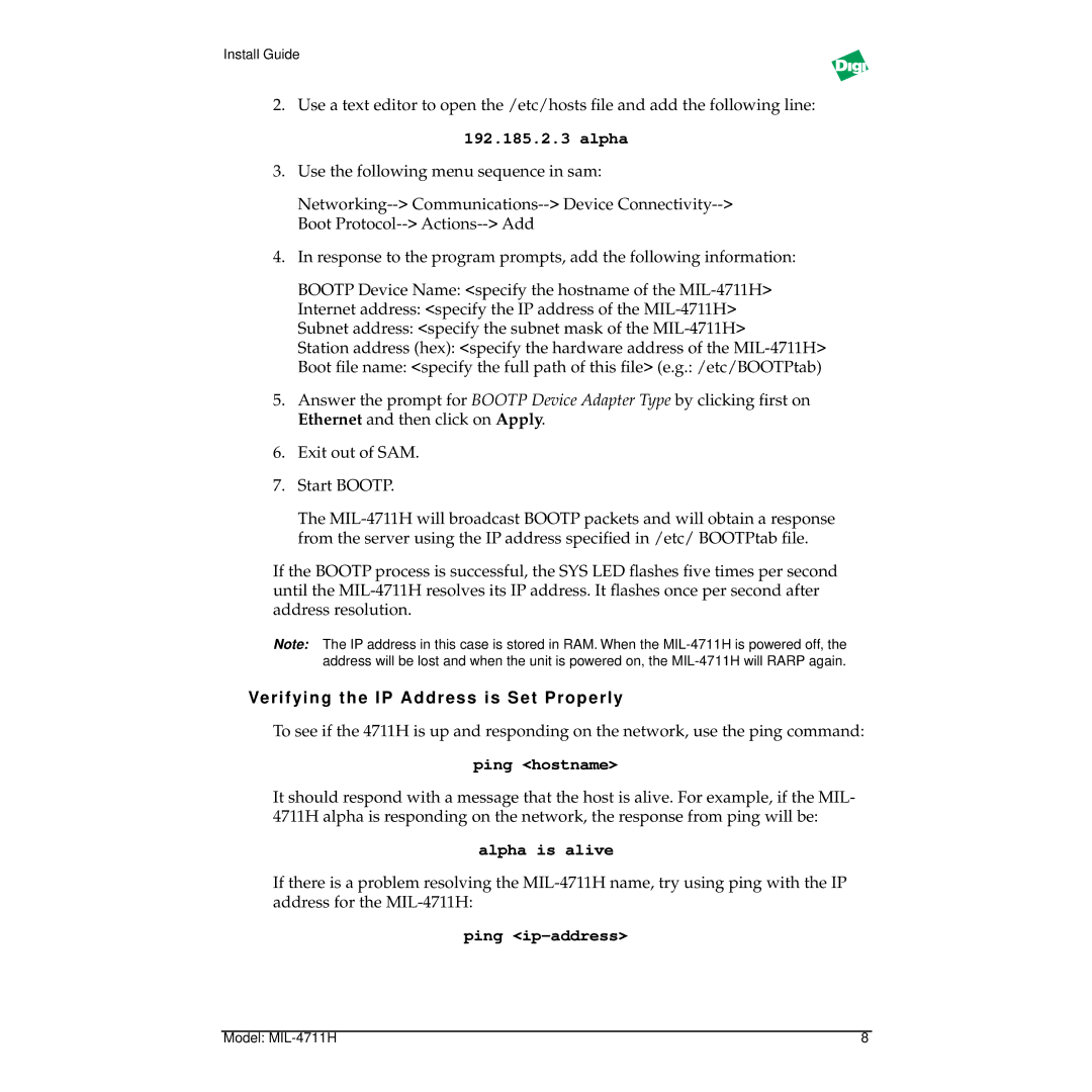 Digi MIL-4711H manual Verifying the IP Address is Set Properly, Ping hostname, Alpha is alive, Ping ip-address 