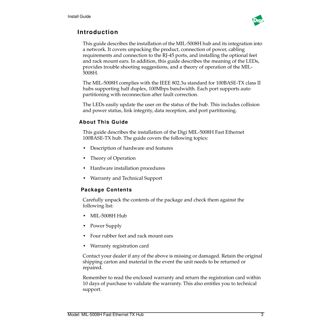 Digi MIL-5008H manual About This Guide, Packag e Contents 