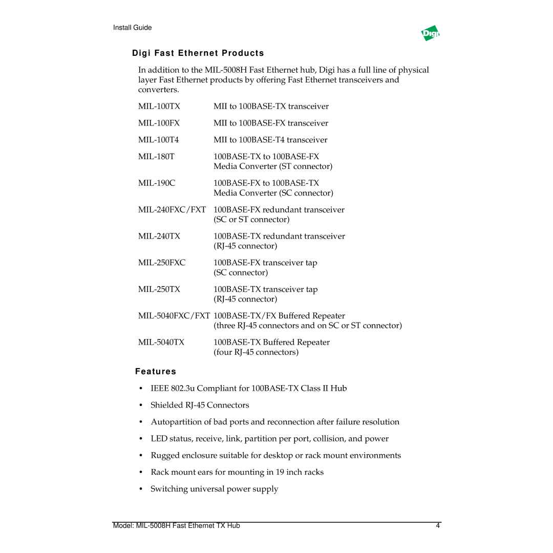 Digi MIL-5008H manual Digi Fast Ethernet Products, Features 