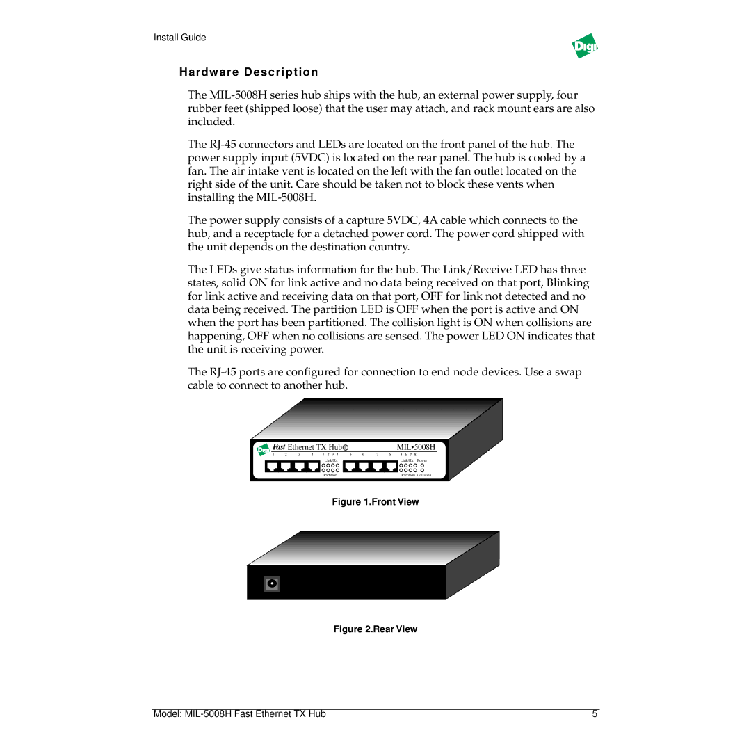 Digi MIL-5008H manual Hardware Description, Front View 