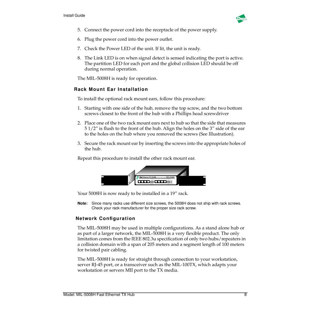 Digi MIL-5008H manual Rack Mount Ear Installation, Network Conﬁguration 