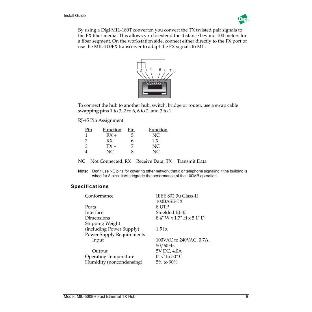 Digi MIL-5008H manual Speciﬁcations, Utp 