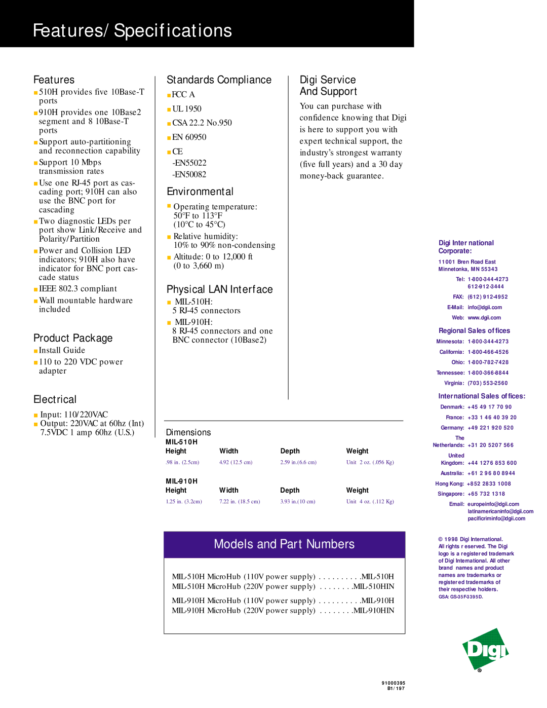 Digi MIL-510H, MIL-910H warranty Features/Specifications, Models and Part Numbers 