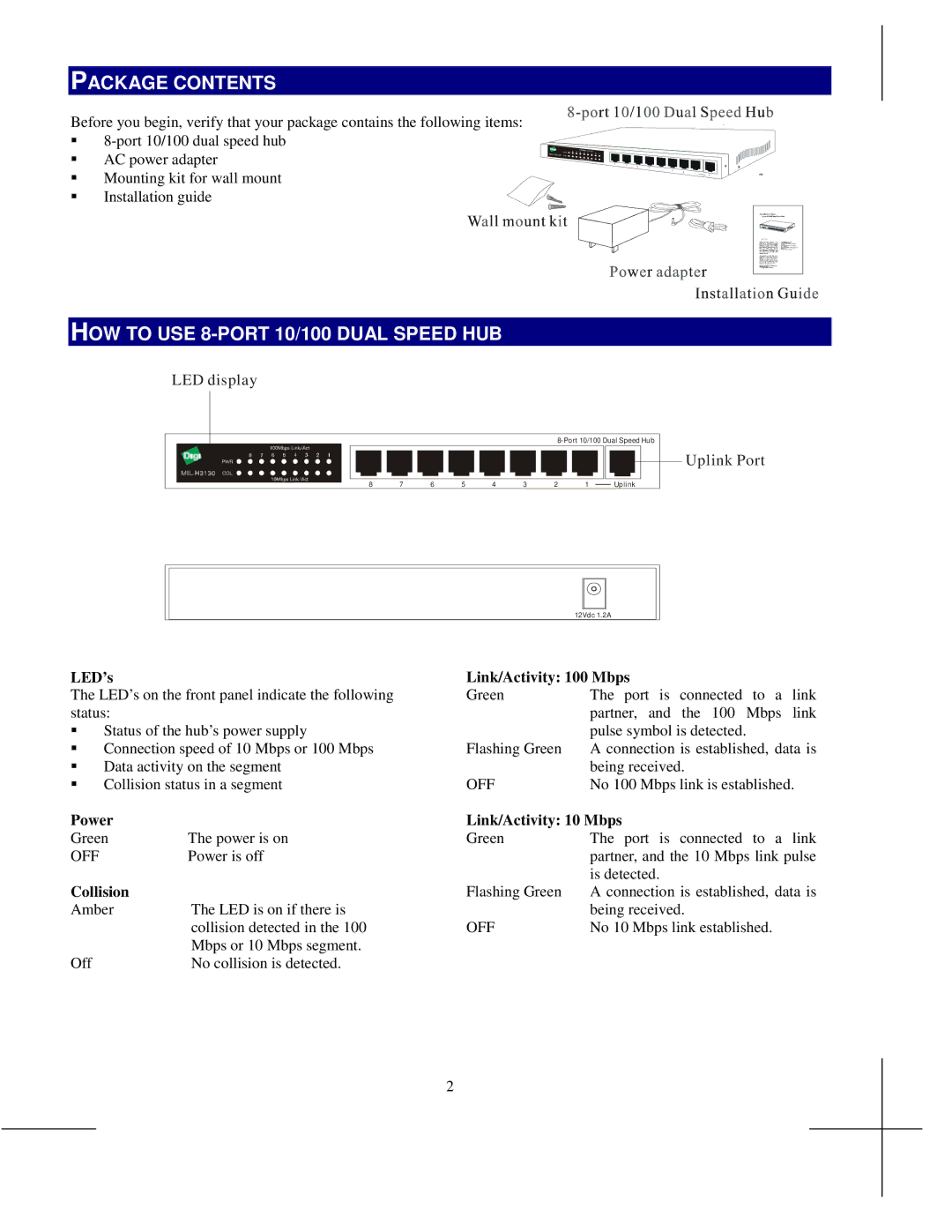 Digi MIL-H3130 manual Package Contents, HOW to USE 8-PORT 10/100 Dual Speed HUB 