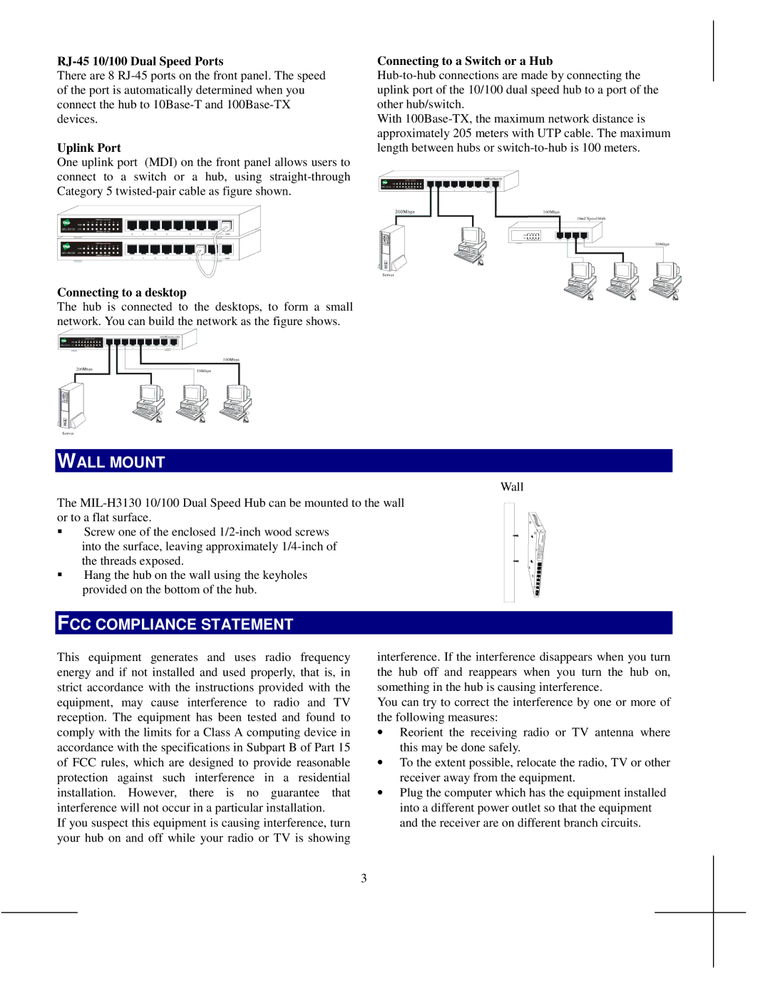 Digi MIL-H3130 manual Wall Mount, FCC Compliance Statement 