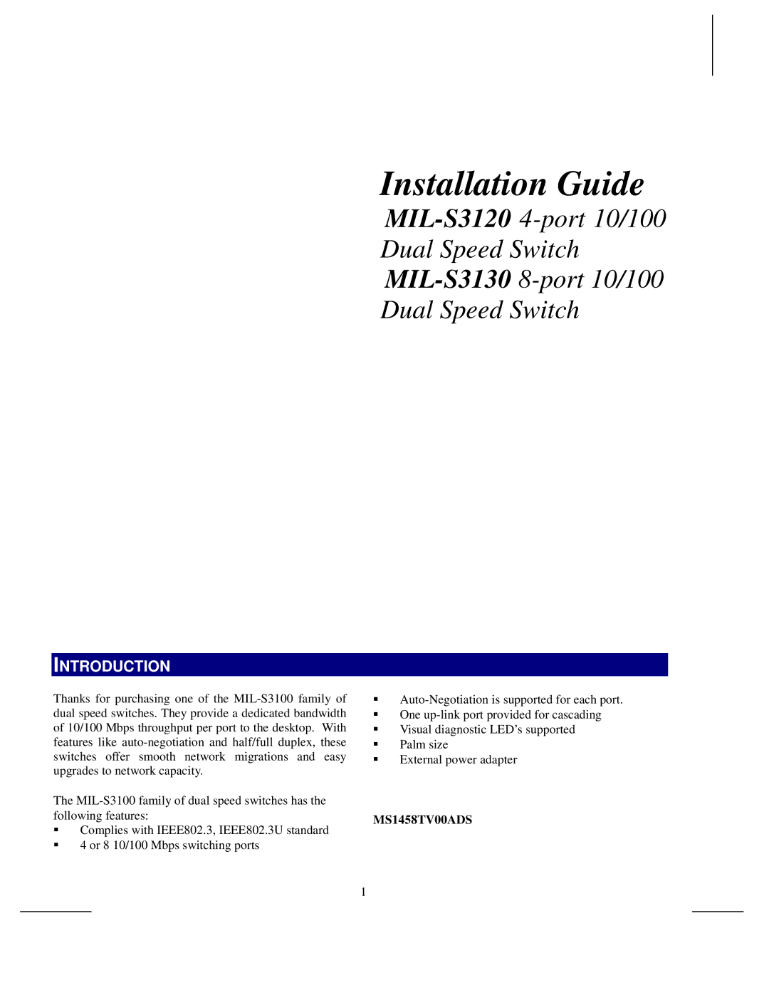 Digi MIL-S3120, MIL-S3130 manual Installation Guide, Introduction 