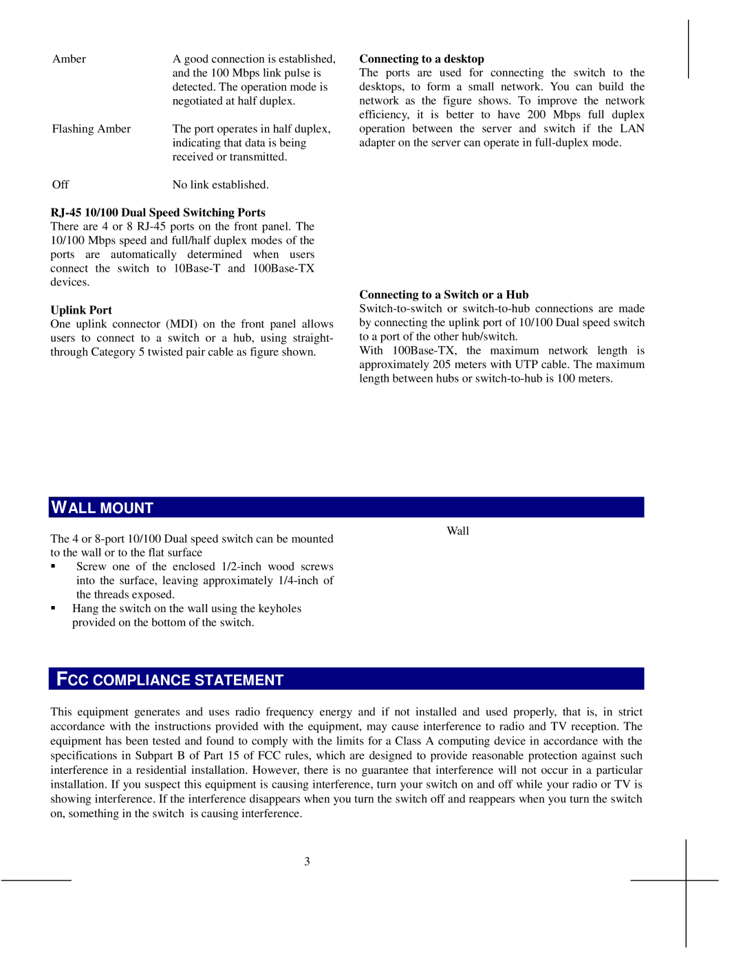 Digi MIL-S3130, MIL-S3120 manual Wall Mount, FCC Compliance Statement 