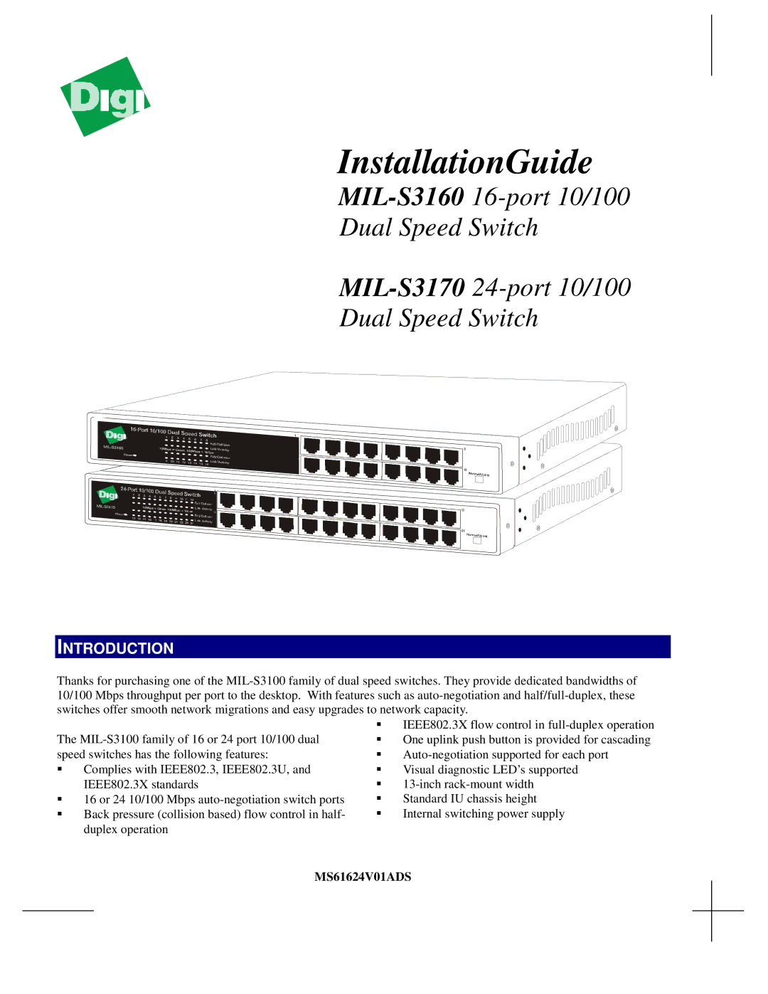 Digi MIL-S3160, MIL-S3170 manual Introduction, MS61624V01ADS 