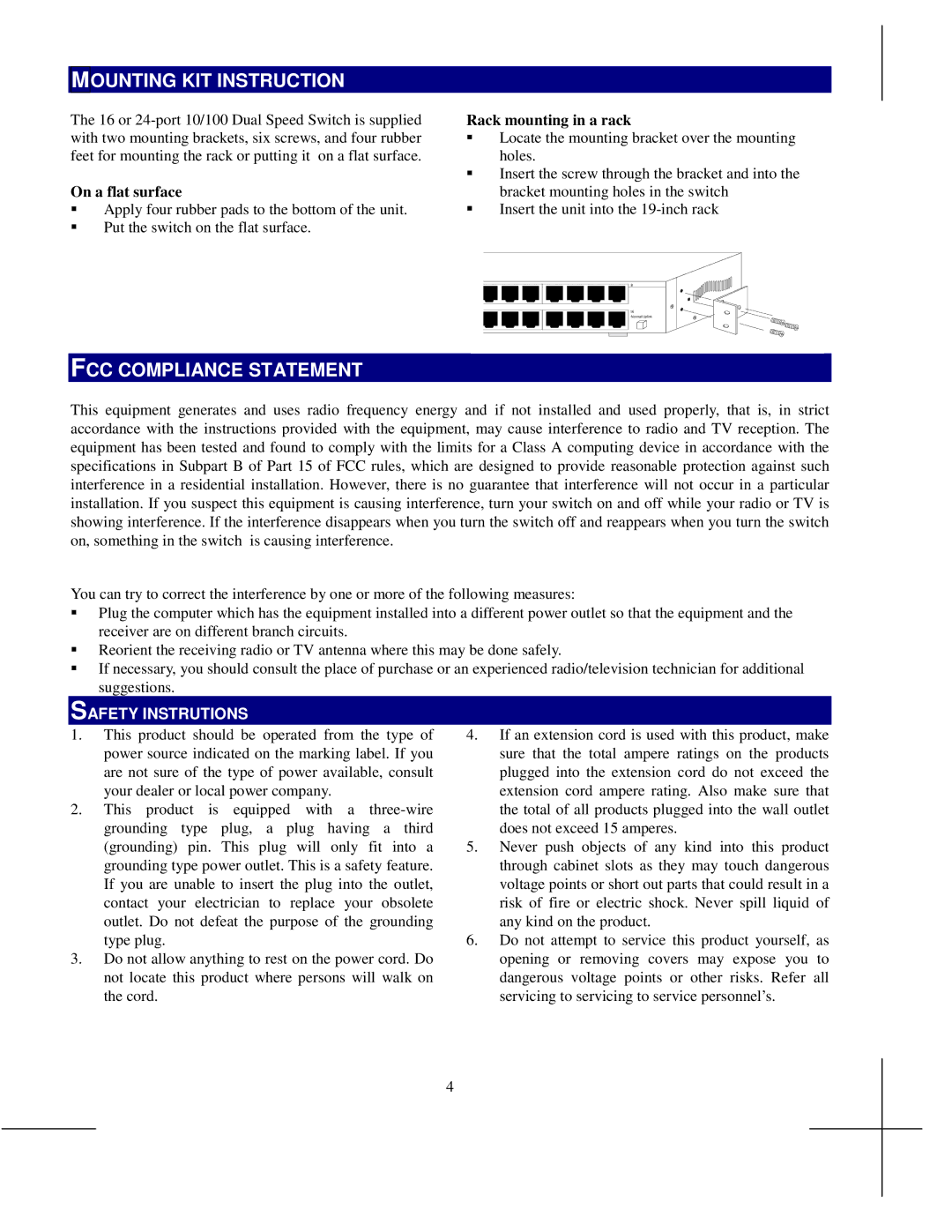 Digi MIL-S3170, MIL-S3160 Mounting KIT Instruction, FCC Compliance Statement, On a flat surface, Rack mounting in a rack 