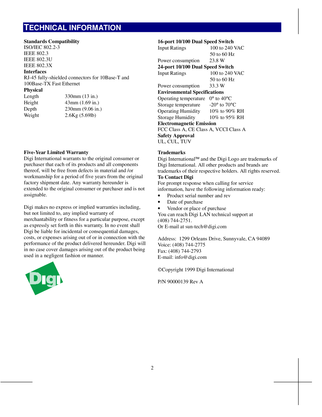 Digi MIL-S3160 Standards Compatibility, Interfaces, Physical, Five-Year Limited Warranty, Port 10/100 Dual Speed Switch 