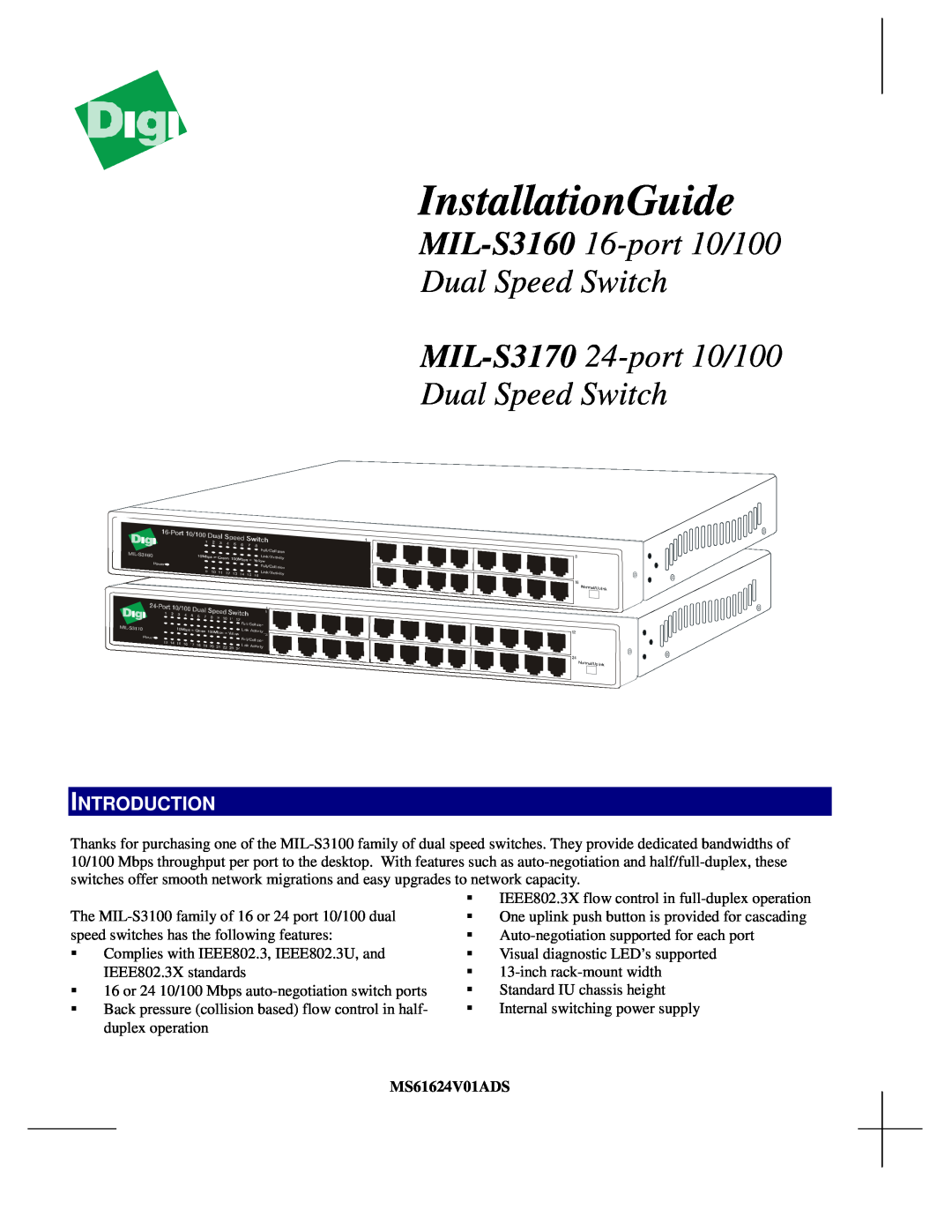 Digi manual Introduction, InstallationGuide, MIL-S3160 16-port 10/100 Dual Speed Switch MIL-S3170 24-port 10/100 