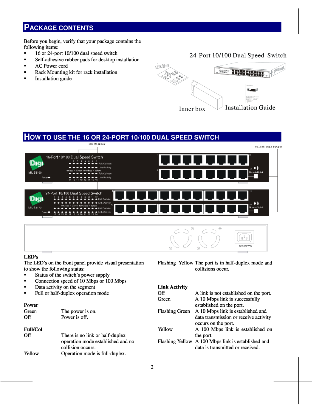 Digi MIL-S3170 Package Contents, HOW TO USE THE 16 OR 24-PORT 10/100 DUAL SPEED SWITCH, Port 10/100 Dual Speed Switch 