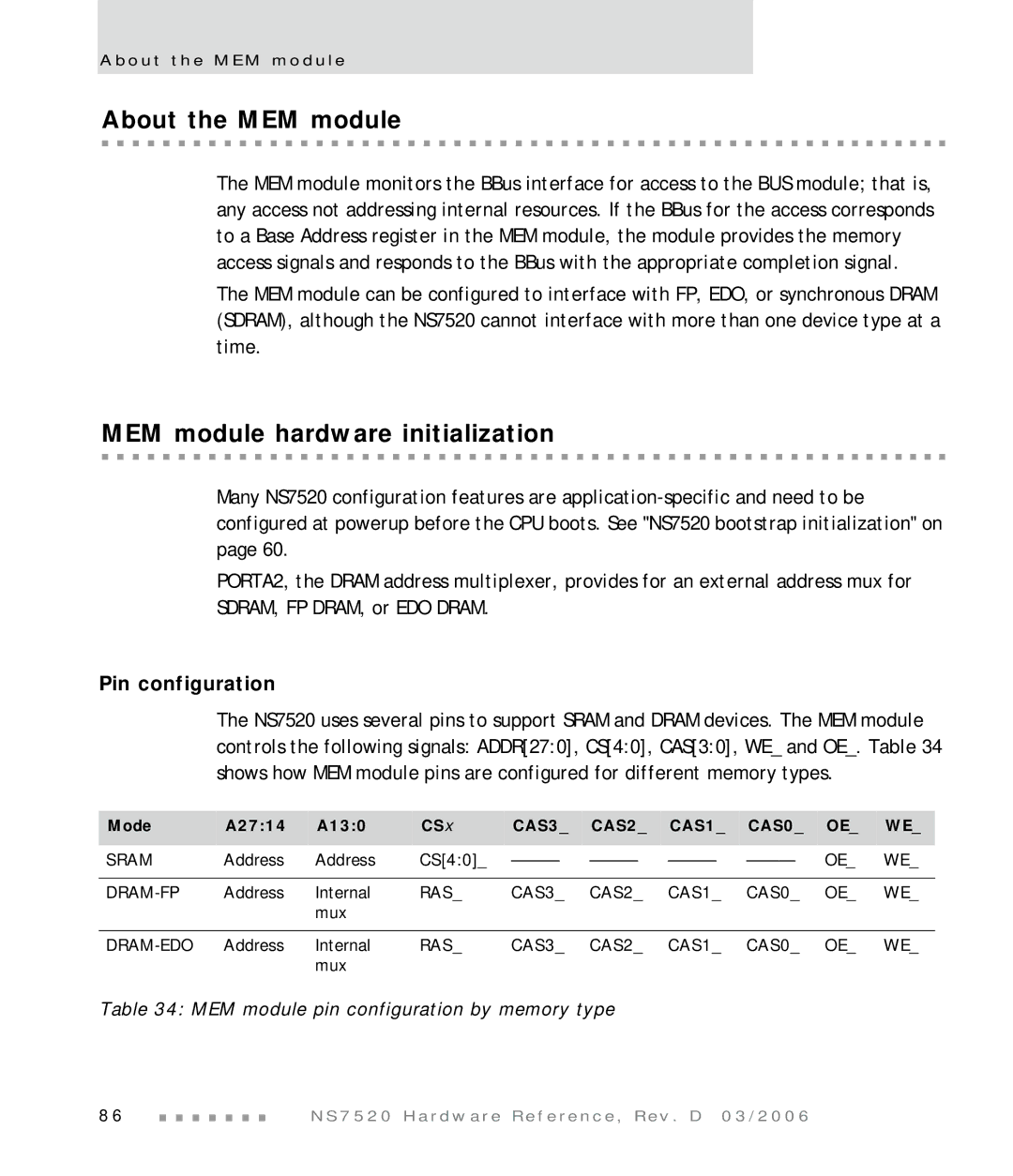 Digi NS7520 manual About the MEM module, MEM module hardware initialization, Pin configuration, Mode A2714 A130 CSx 