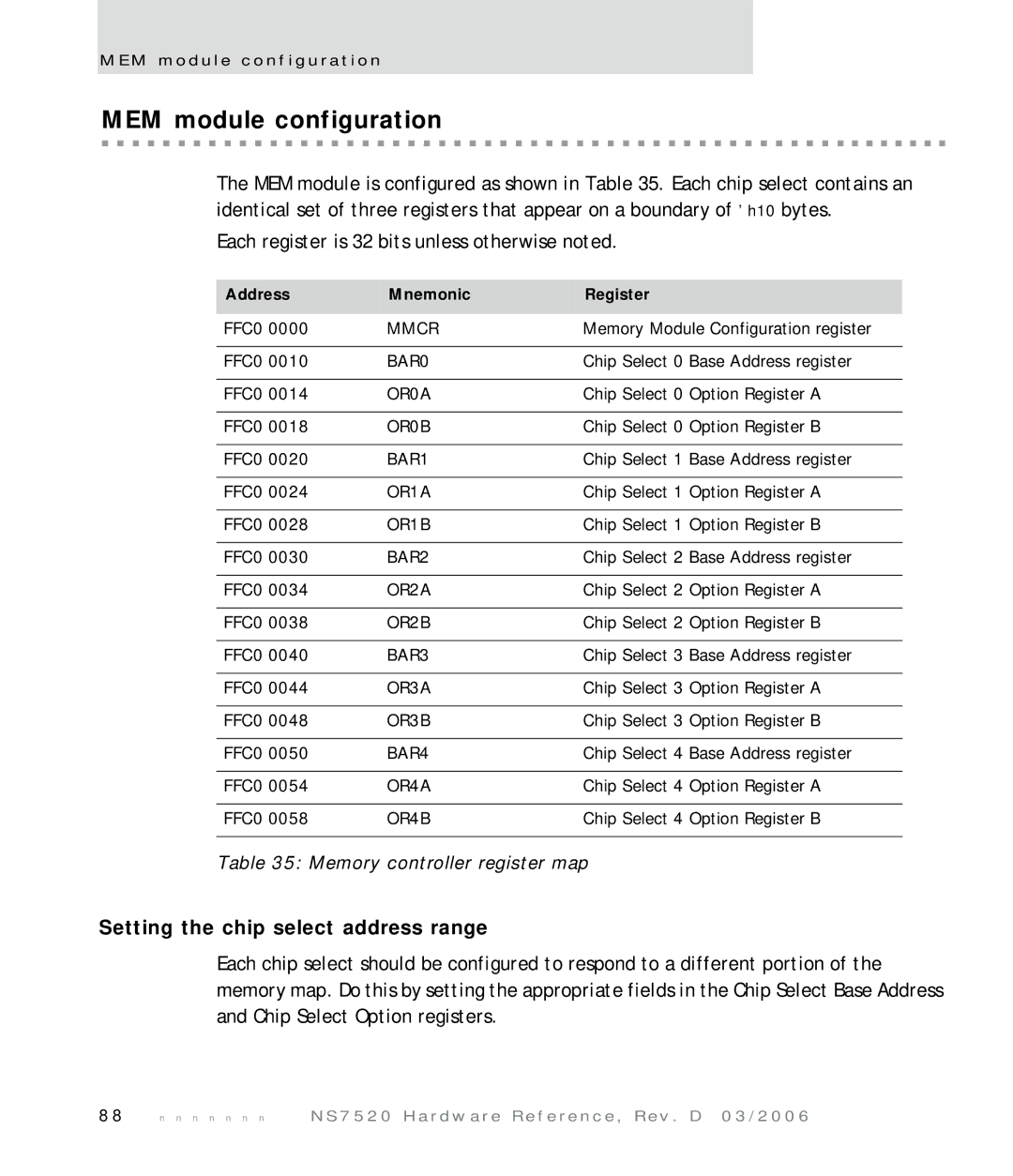 Digi NS7520 manual MEM module configuration, Setting the chip select address range, Memory controller register map 