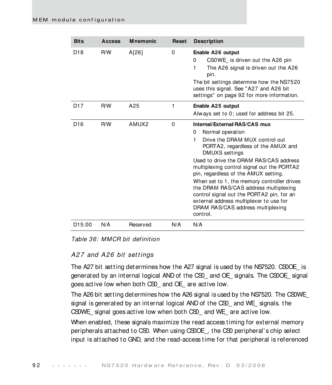 Digi NS7520 manual A27 and A26 bit settings, Enable A26 output, Enable A25 output, AMUX2, Internal/External/RAS/CAS mux 