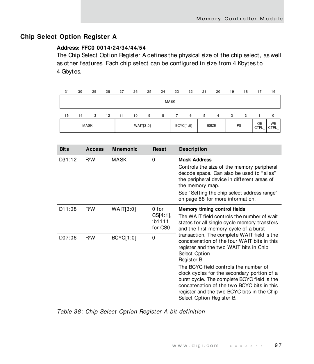 Digi NS7520 manual Chip Select Option Register a bit definition, Mask Address, Memory timing control fields 