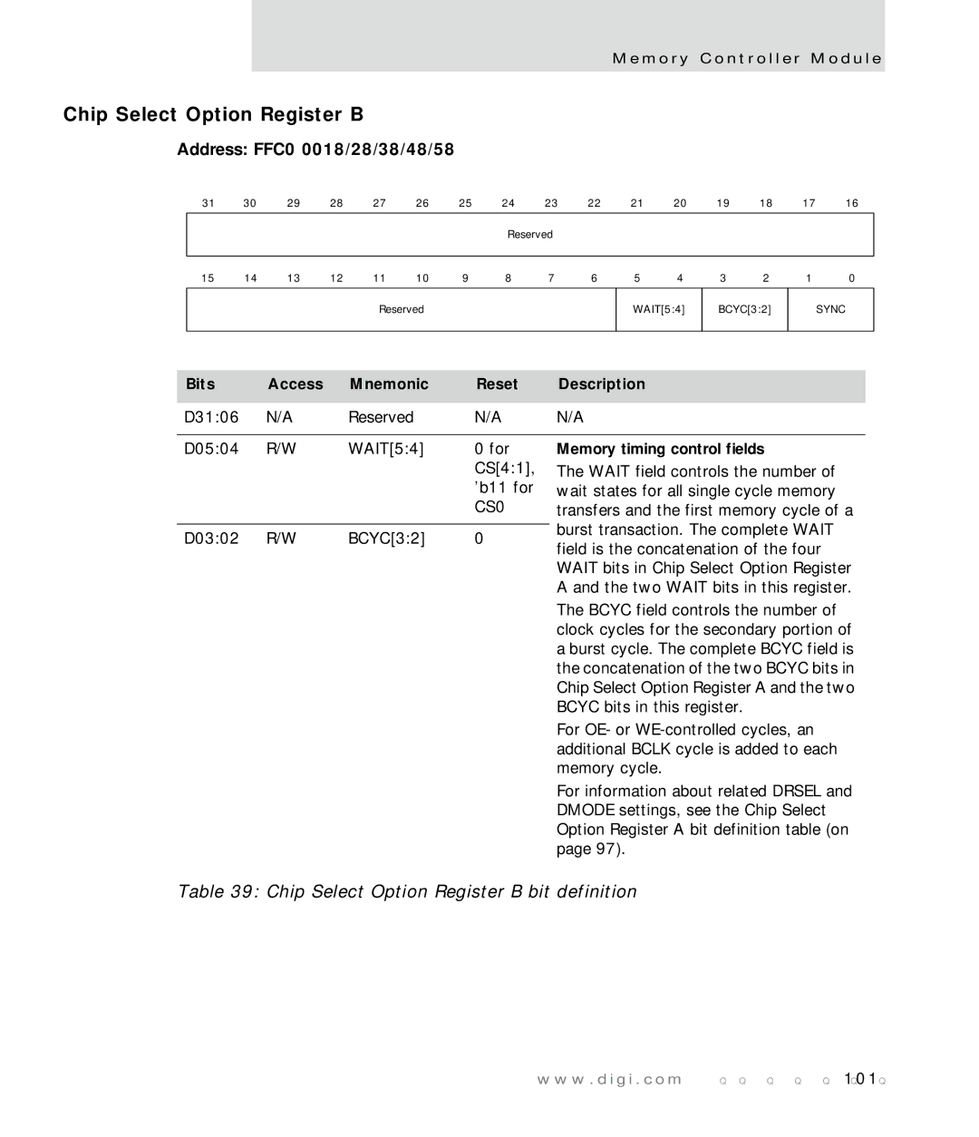 Digi NS7520 manual Chip Select Option Register B bit definition 