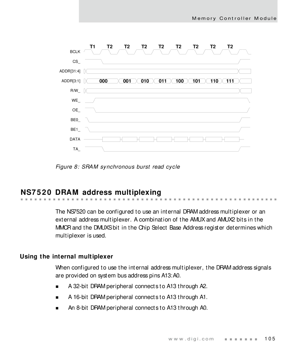 Digi manual NS7520 Dram address multiplexing, Using the internal multiplexer, 000 001 010 011 100 101 110 111 