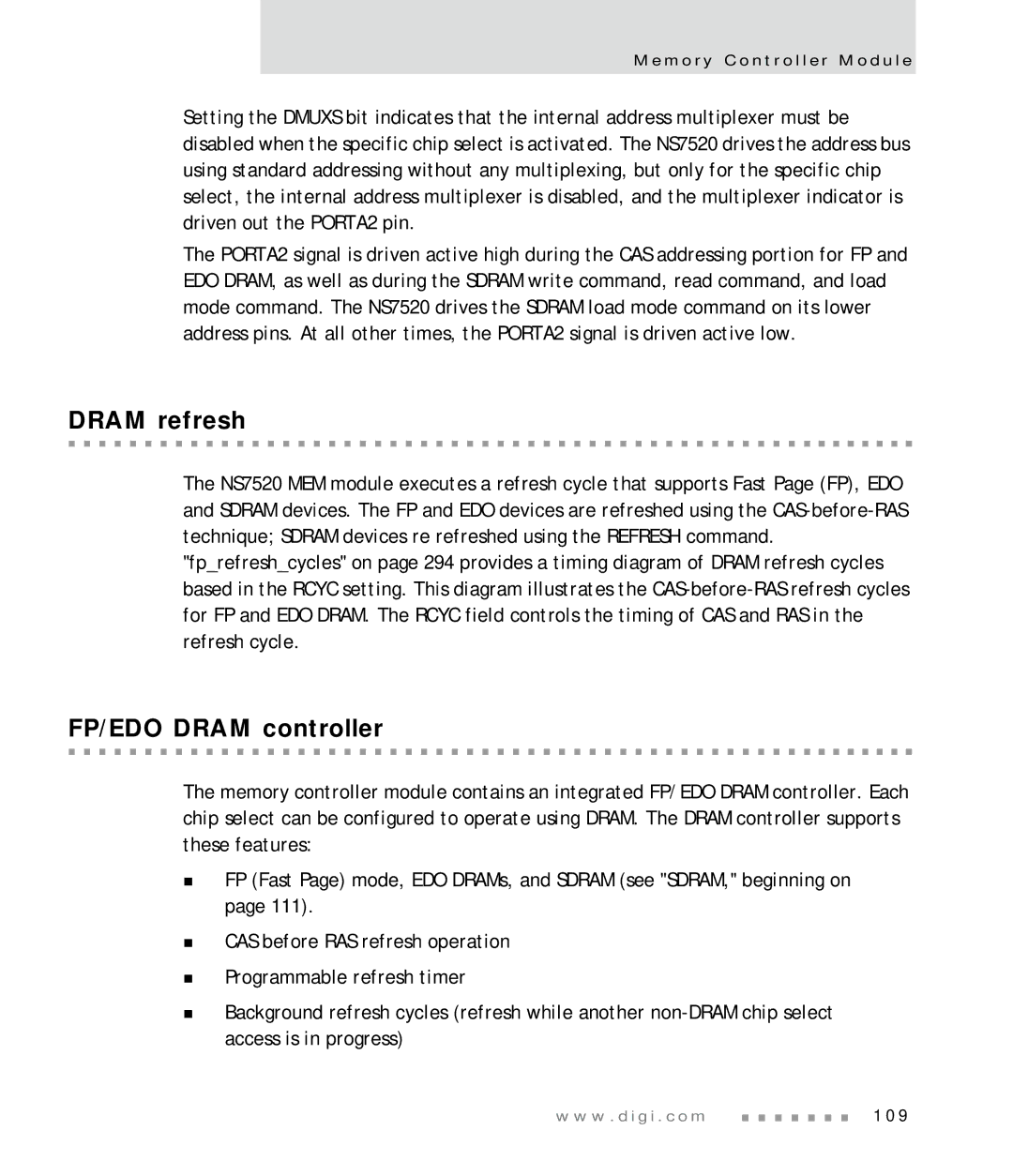 Digi NS7520 manual Dram refresh, FP/EDO Dram controller 