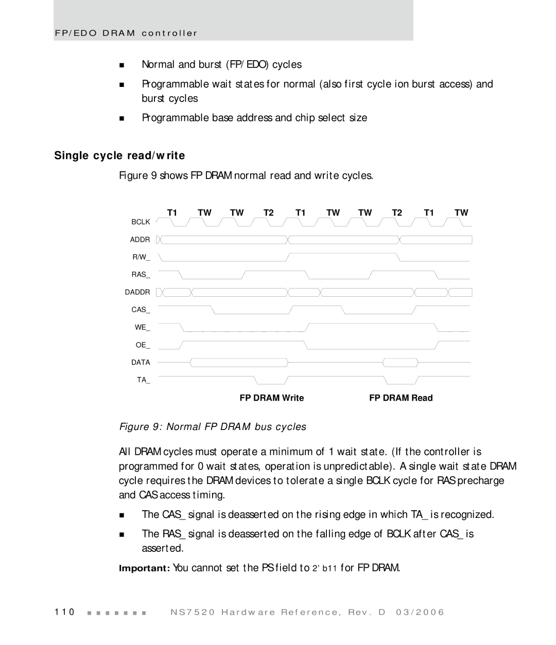 Digi NS7520 manual Normal FP Dram bus cycles, FP Dram Write FP Dram Read 