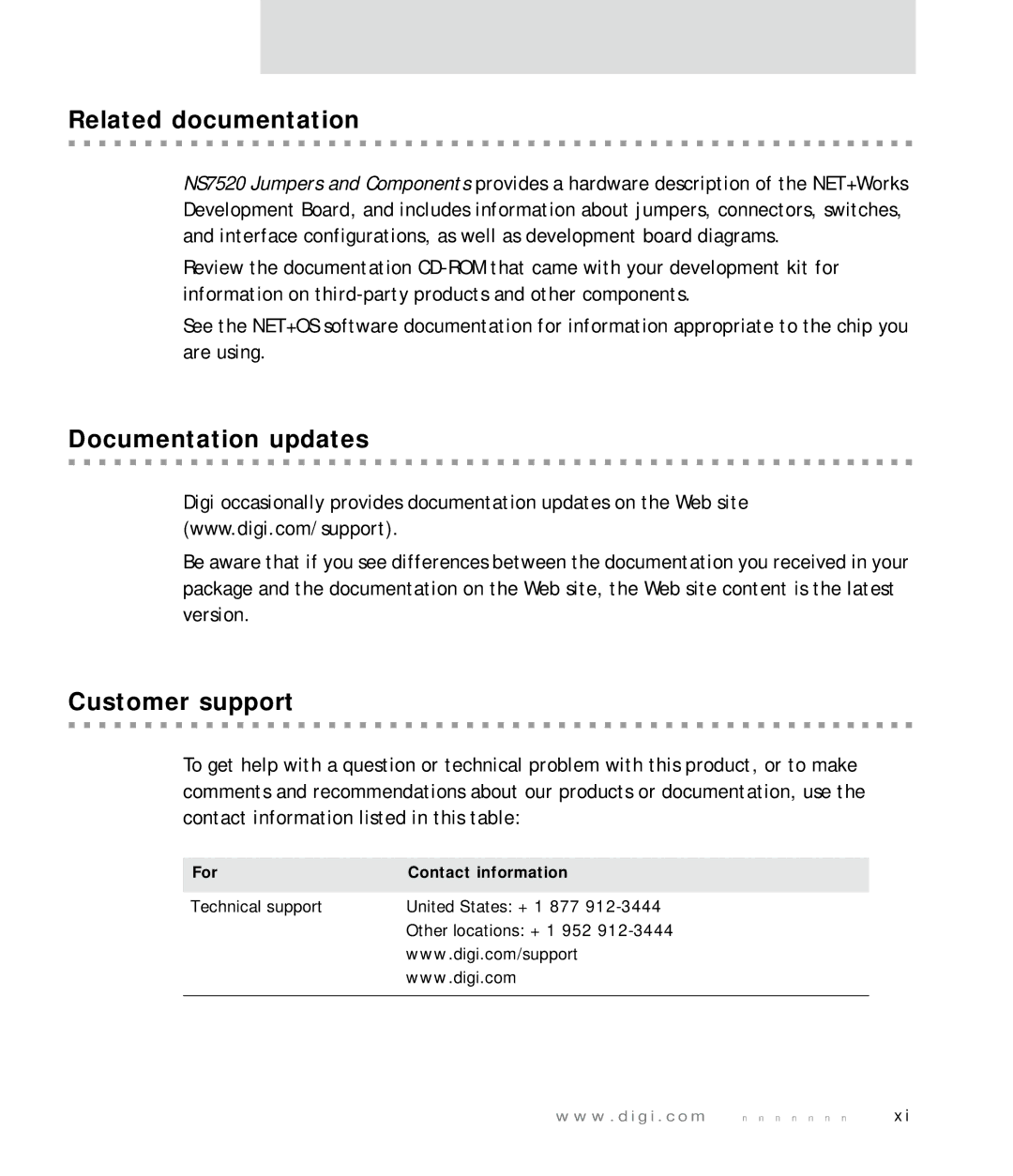 Digi NS7520 manual Related documentation, Documentation updates, Customer support, For Contact information 