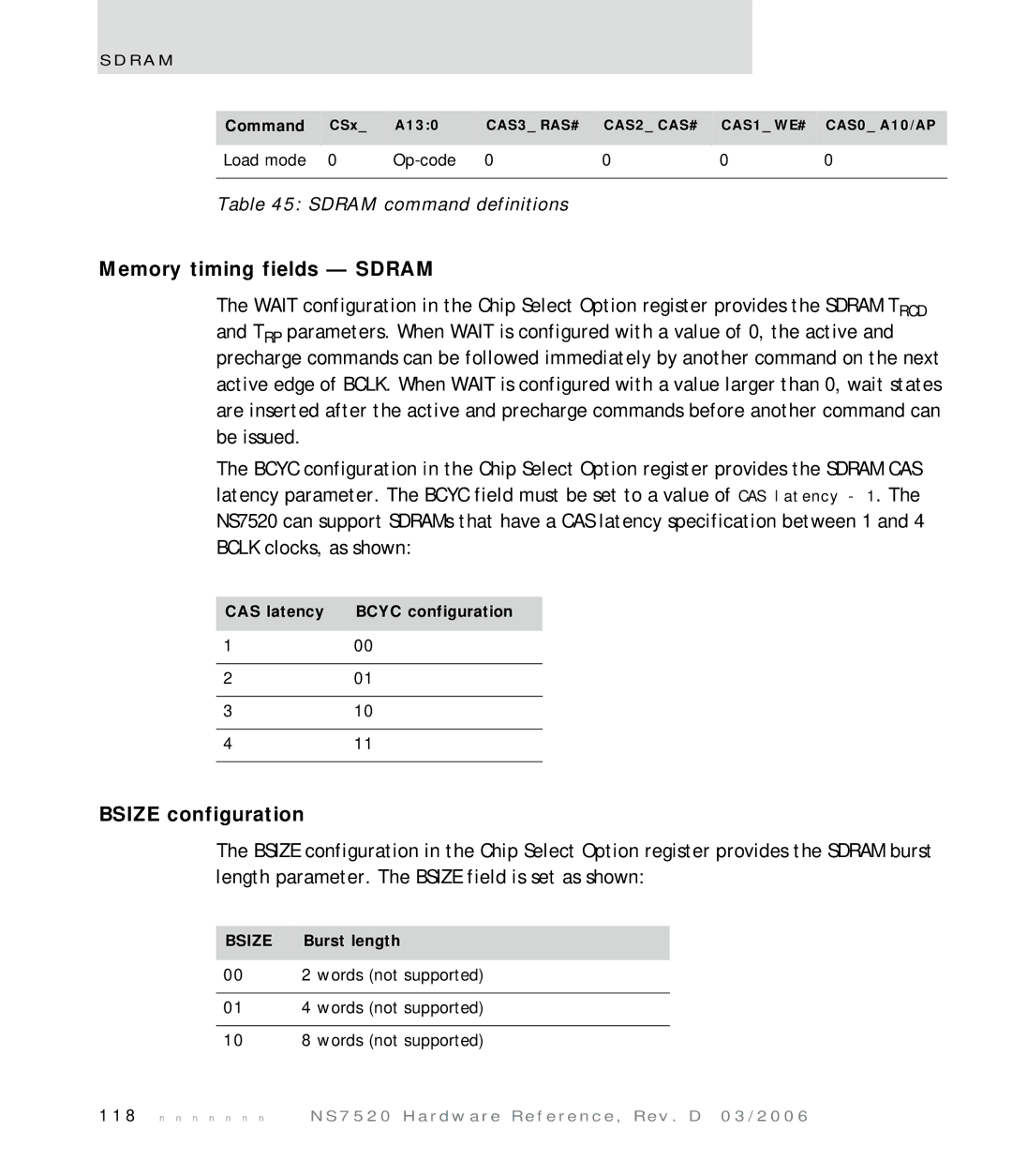 Digi NS7520 manual Memory timing fields Sdram, Bsize configuration, CAS latency Bcyc configuration, Burst length 