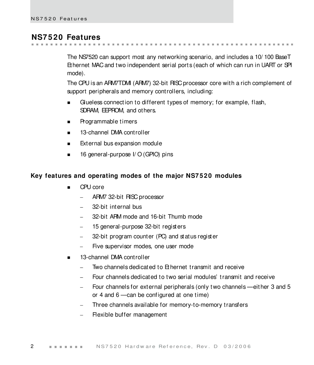 Digi manual NS7520 Features, Key features and operating modes of the major NS7520 modules 