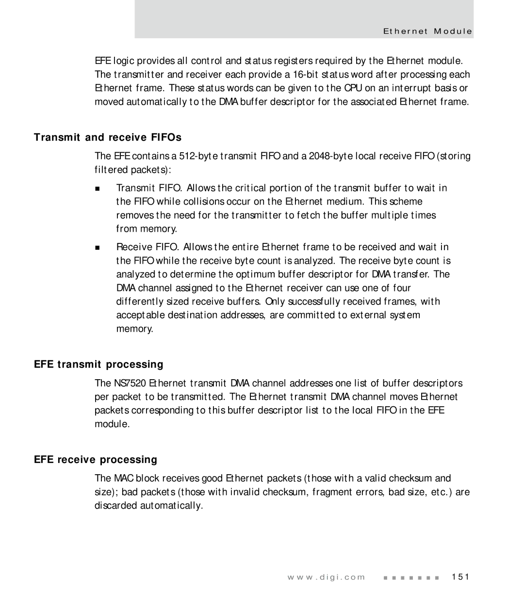 Digi NS7520 manual Transmit and receive FIFOs, EFE transmit processing, EFE receive processing 