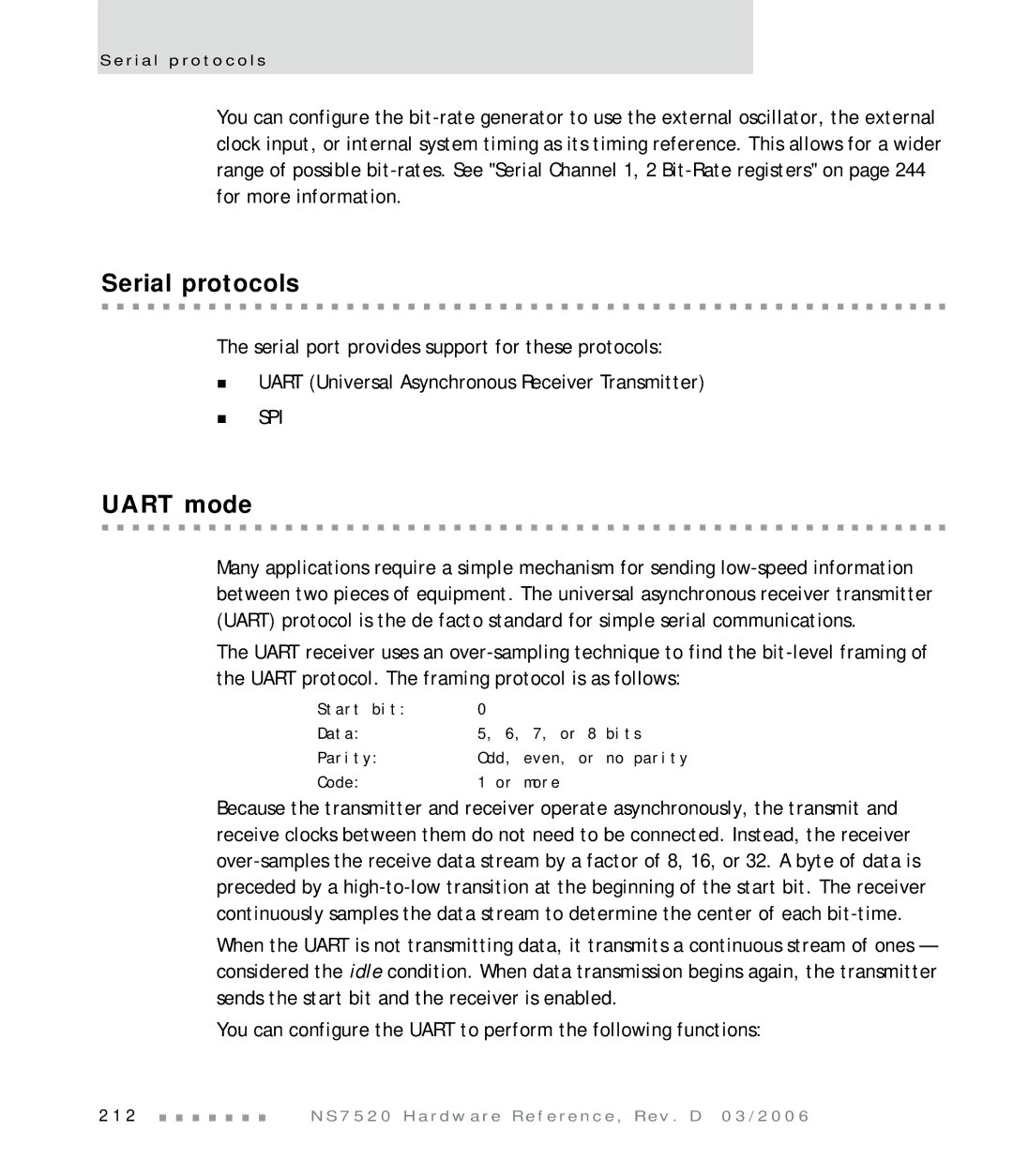 Digi NS7520 manual Serial protocols, Uart mode 