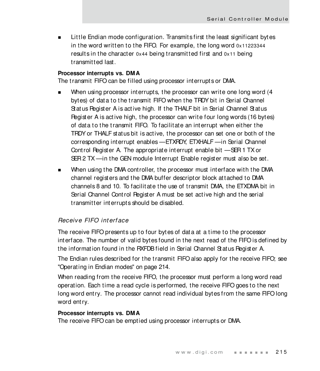 Digi NS7520 manual Processor interrupts vs. DMA, Receive Fifo interface 