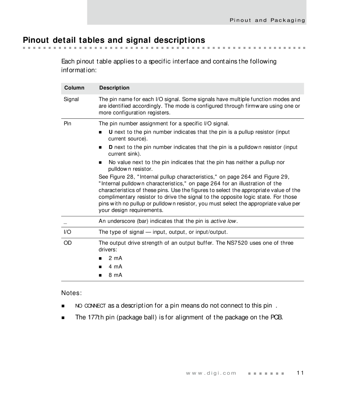 Digi NS7520 manual Pinout detail tables and signal descriptions, Column Description 