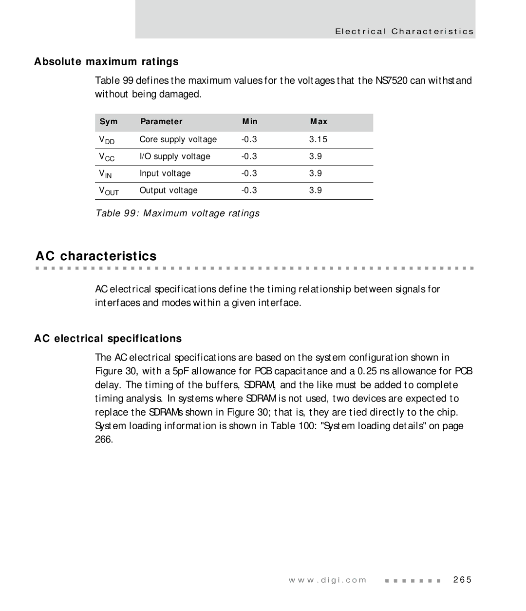 Digi NS7520 manual AC characteristics, Absolute maximum ratings, AC electrical specifications, Maximum voltage ratings 