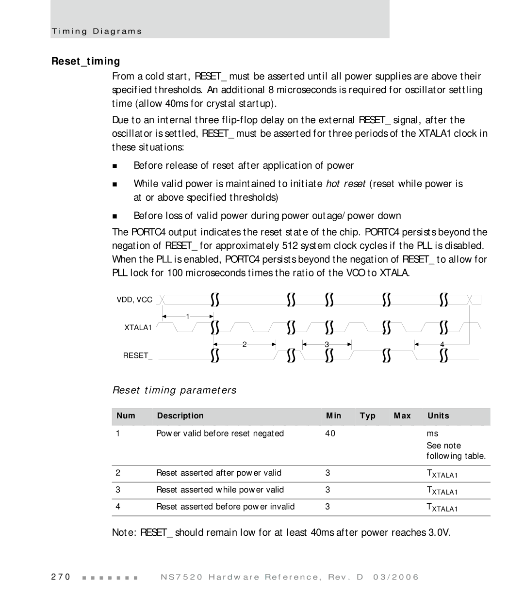 Digi NS7520 manual Resettiming, Reset timing parameters, Num Description Min Typ Max Units 