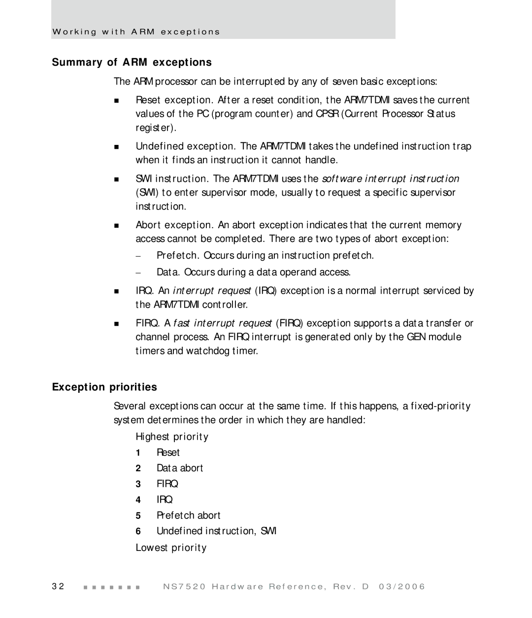 Digi NS7520 manual Summary of ARM exceptions, Exception priorities 