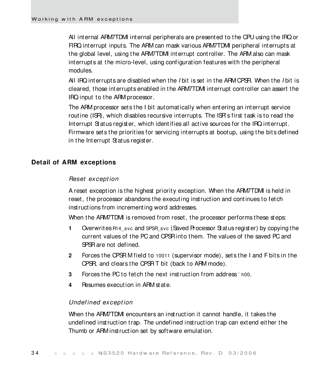 Digi NS7520 manual Detail of ARM exceptions, Reset exception, Undefined exception 