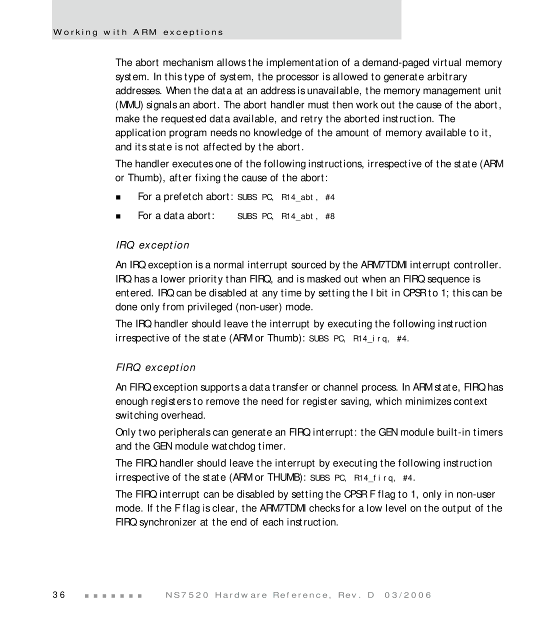 Digi NS7520 manual IRQ exception, Firq exception 