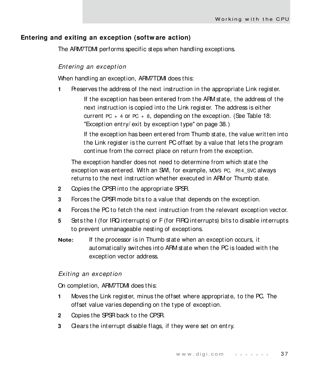 Digi NS7520 manual Entering and exiting an exception software action, Entering an exception, Exiting an exception 