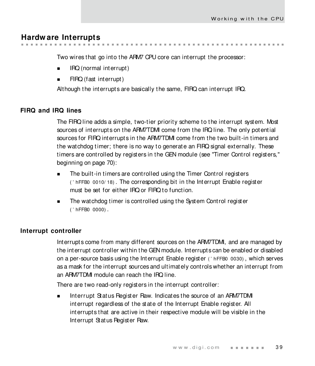 Digi NS7520 manual Hardware Interrupts, Firq and IRQ lines, Interrupt controller 