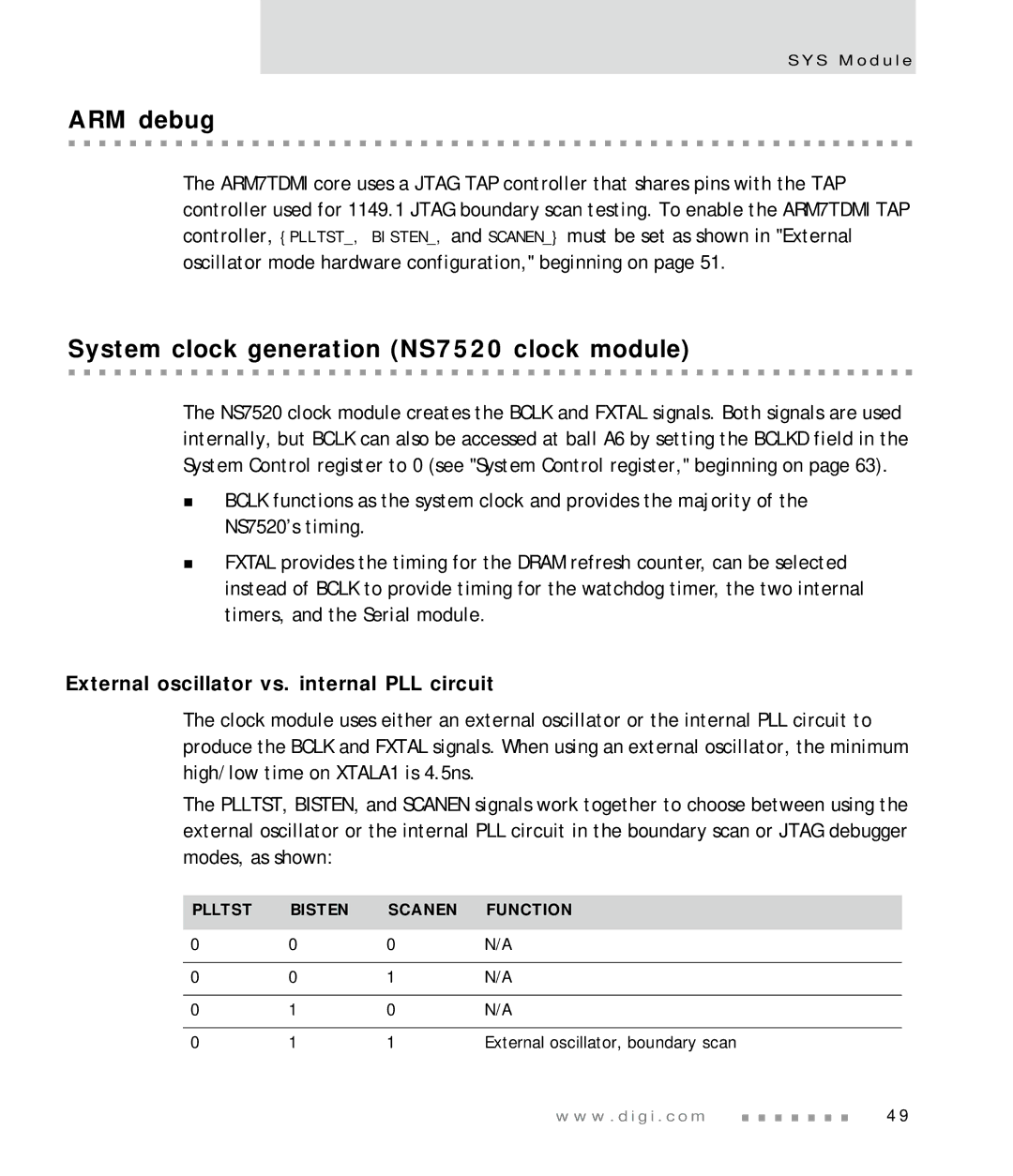 Digi manual ARM debug, System clock generation NS7520 clock module, External oscillator vs. internal PLL circuit 