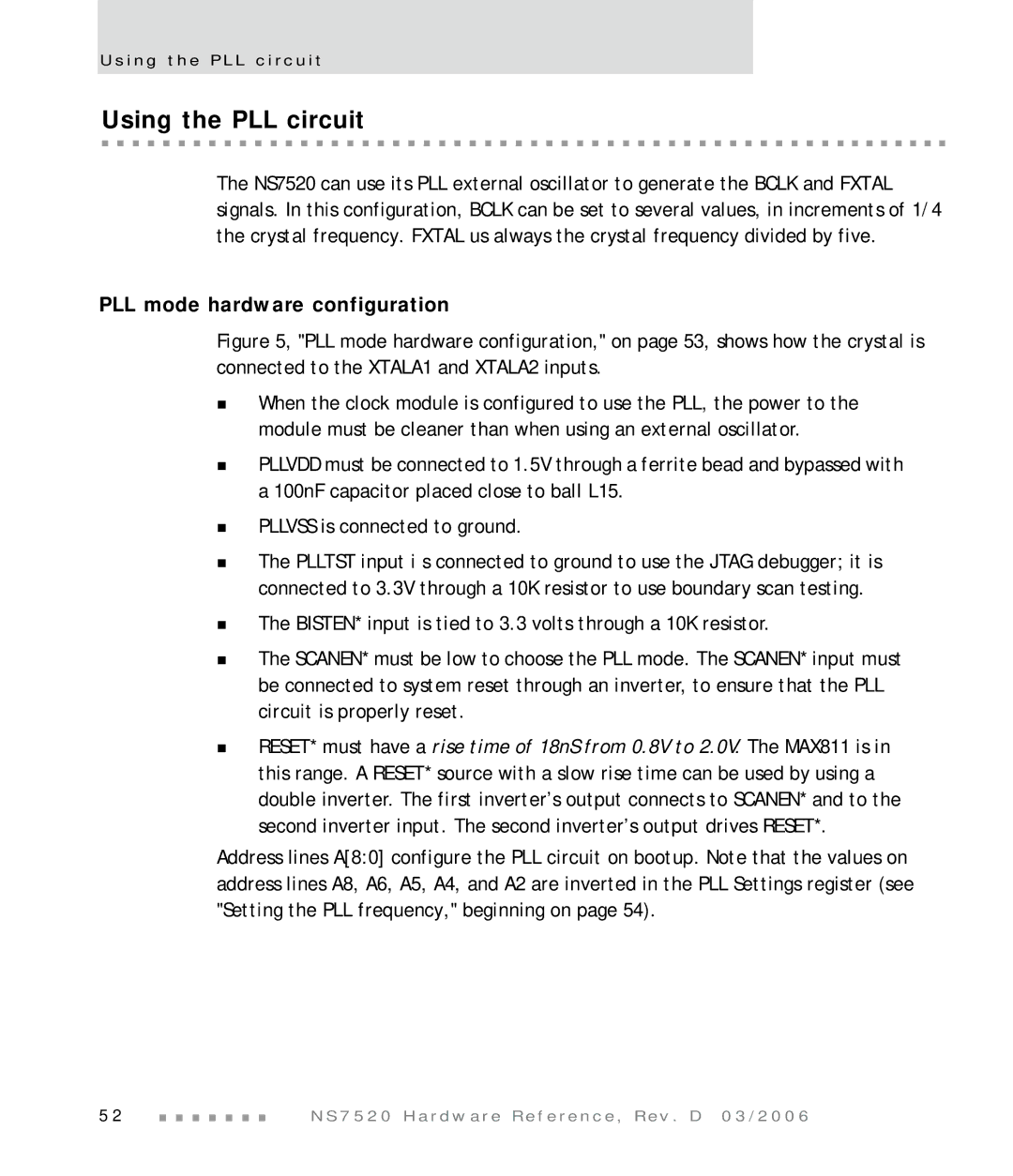 Digi NS7520 manual Using the PLL circuit, PLL mode hardware configuration 