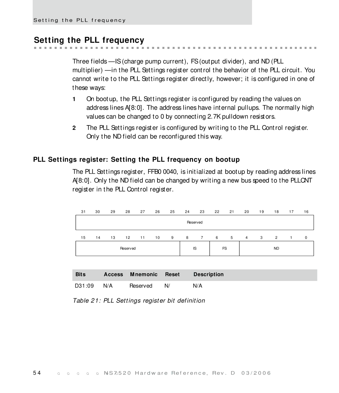 Digi NS7520 manual PLL Settings register Setting the PLL frequency on bootup, PLL Settings register bit definition 