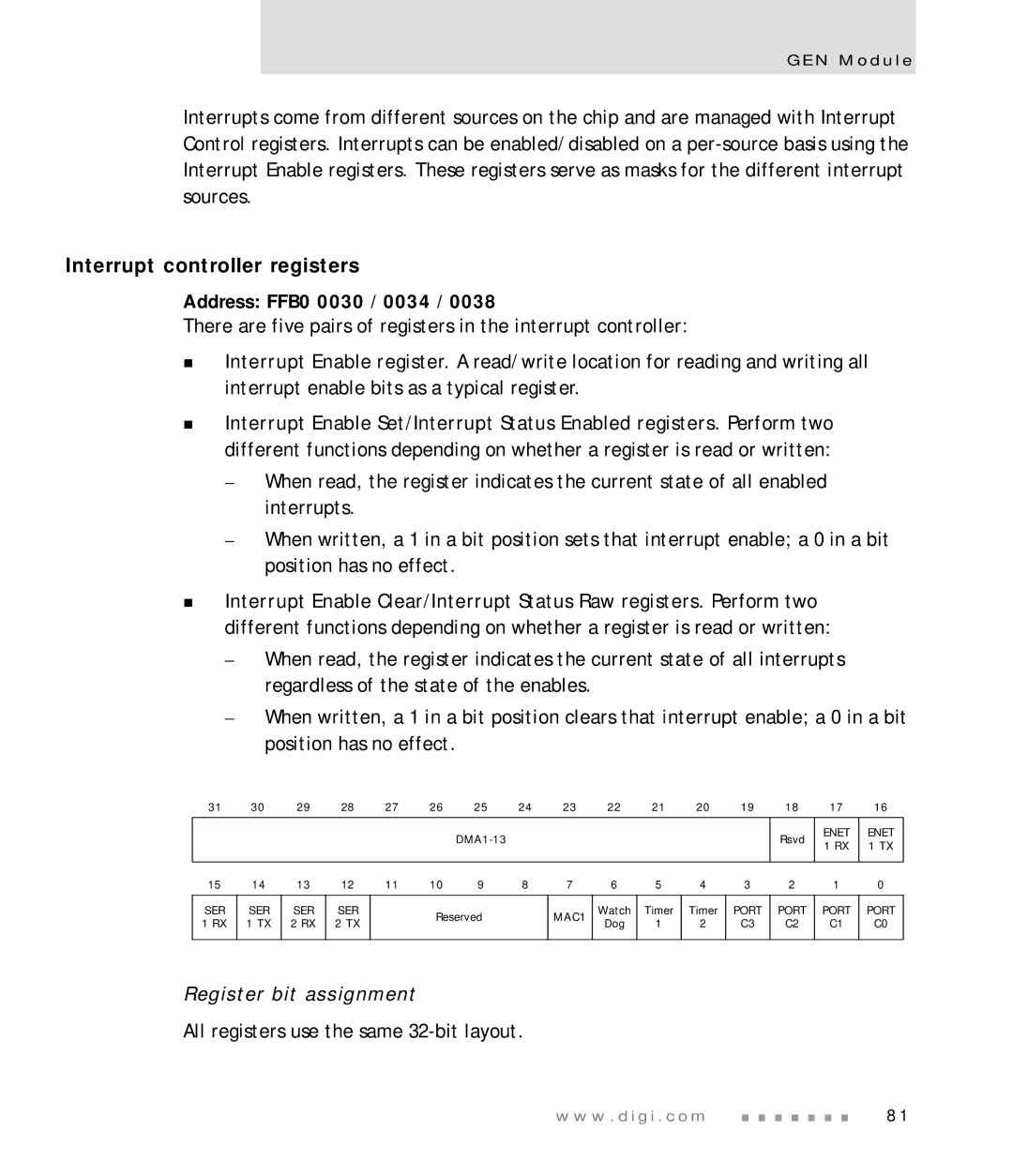 Digi NS7520 manual Interrupt controller registers, Address FFB0 0030 / 0034 