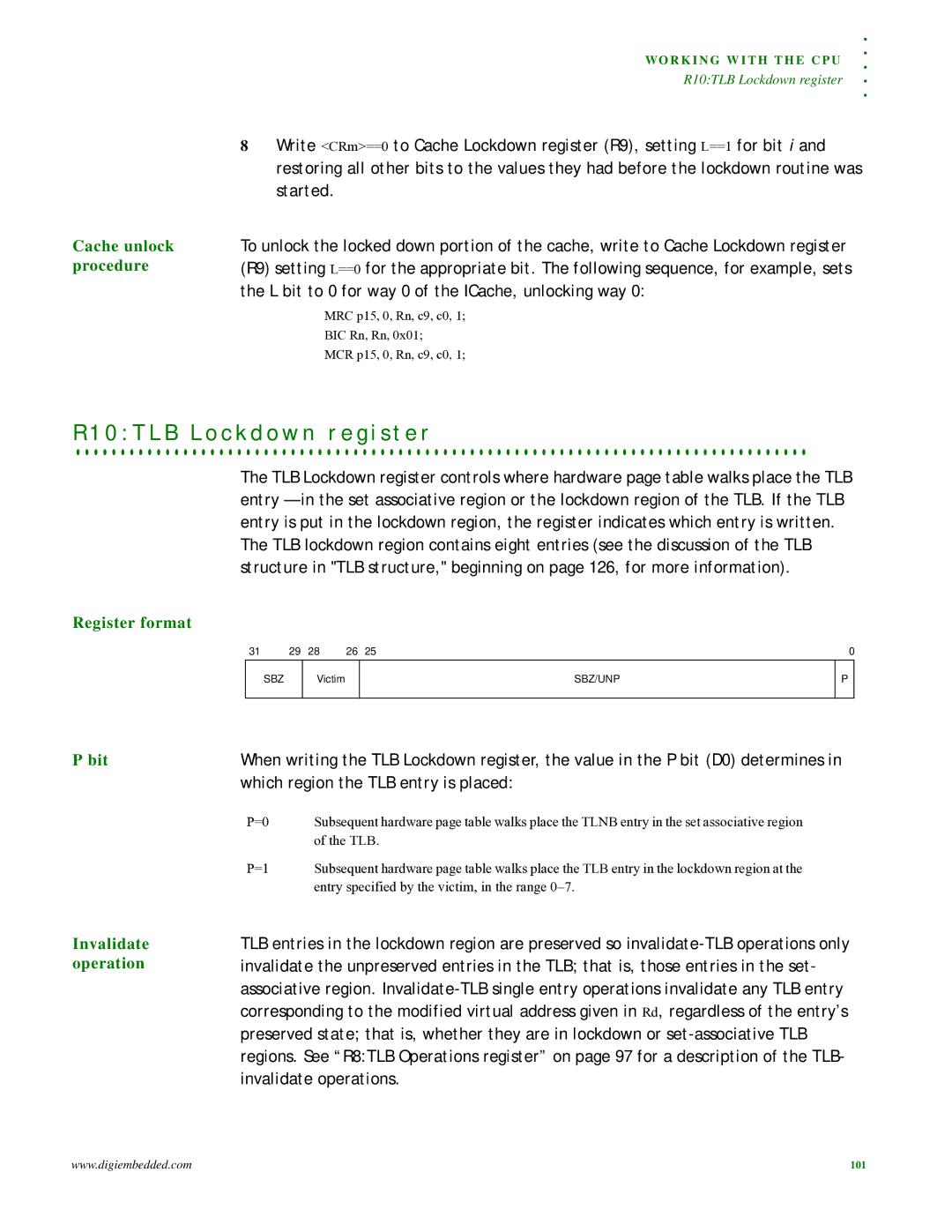 Digi NS9215 manual T L B L o c k d o w n r e g i s t e r, Cache unlock procedure, Bit, Which region the TLB entry is placed 