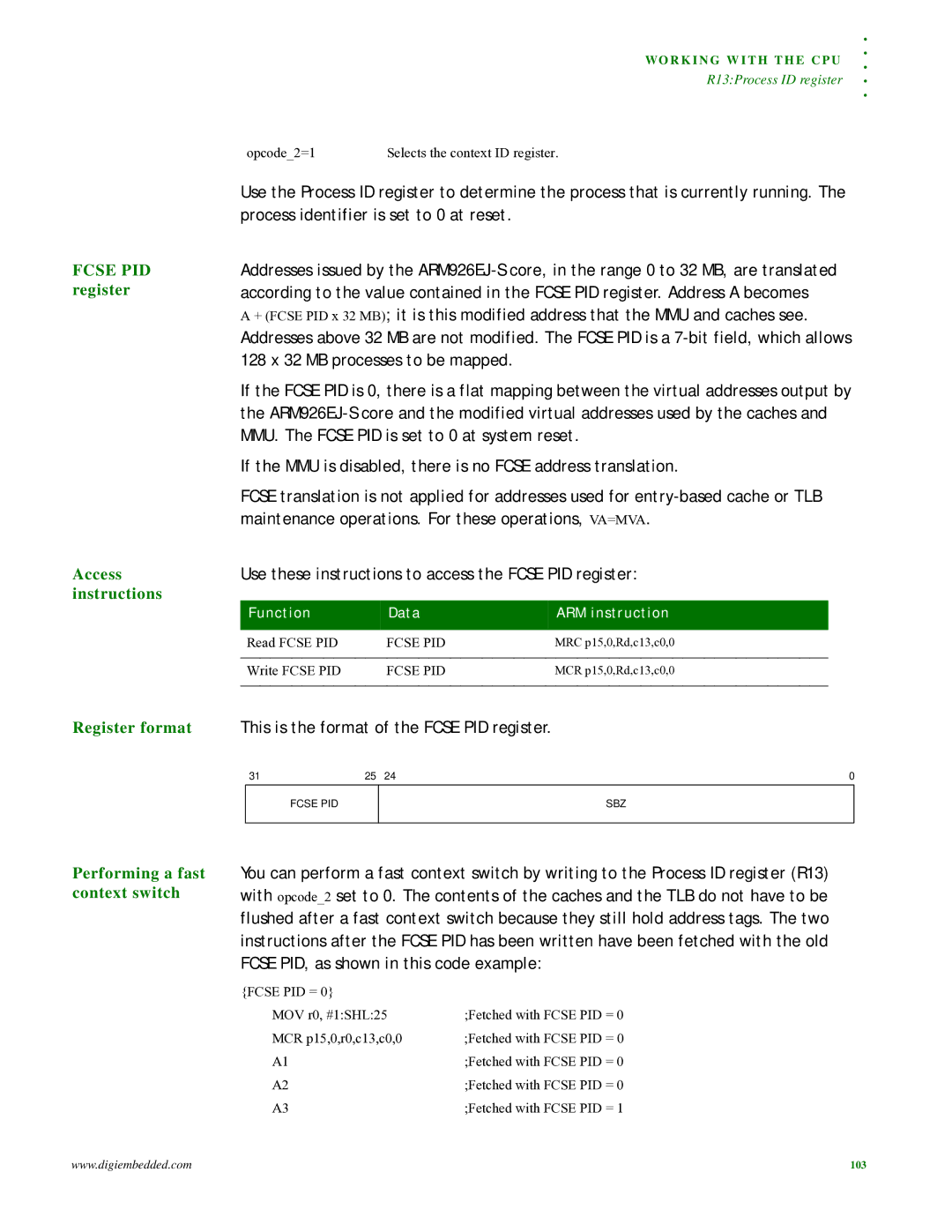 Digi NS9215 manual Fcse PID register Access instructions, Register format This is the format of the Fcse PID register 