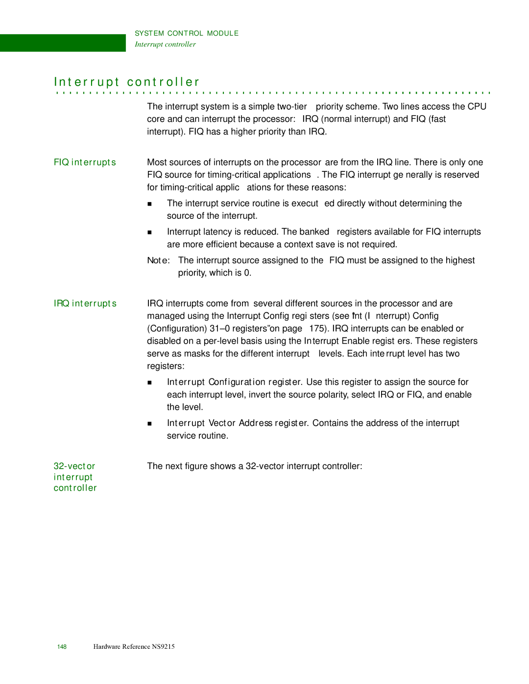 Digi NS9215 manual T e r r u p t c o n t r o l l e r, FIQ interrupts, IRQ interrupts, Vector, Interrupt Controller 