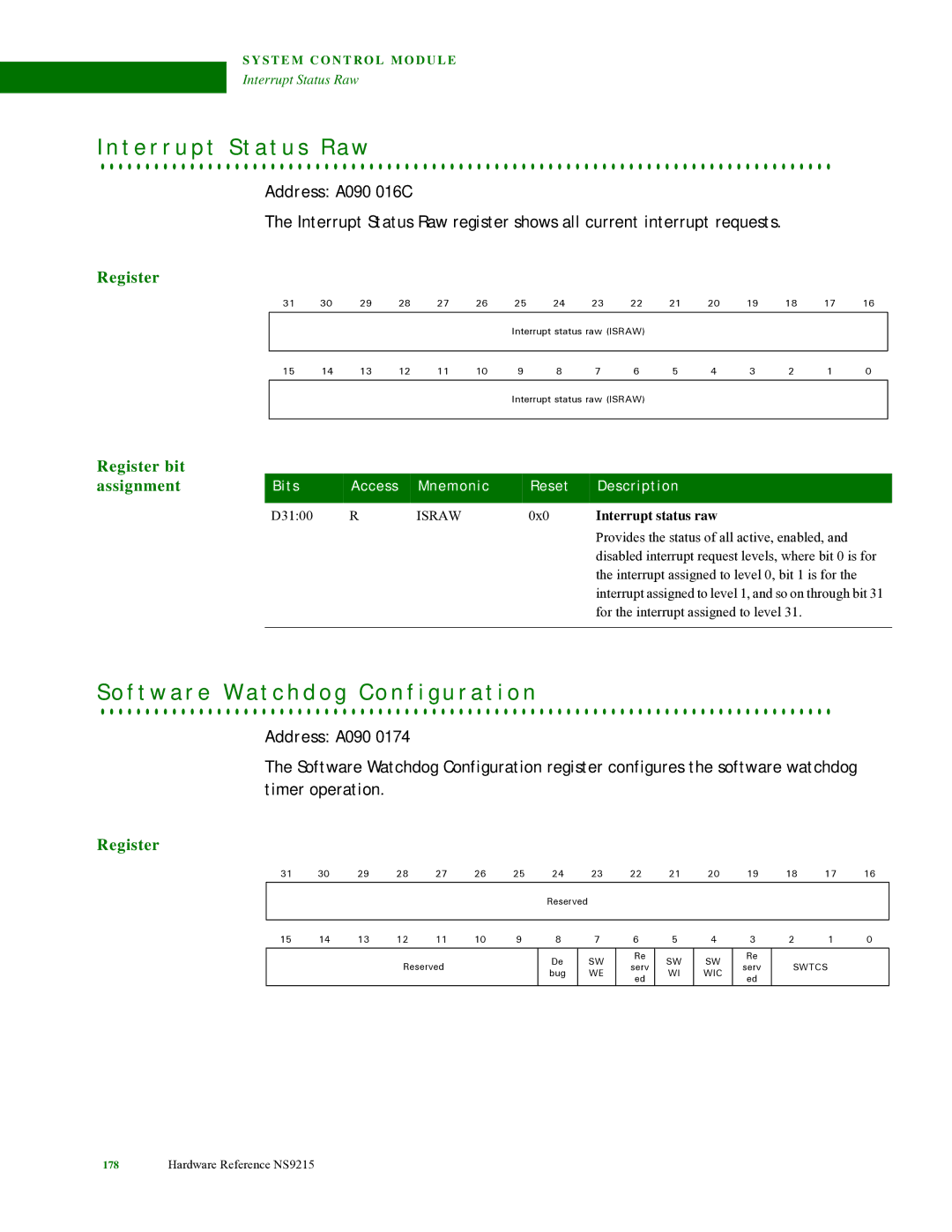 Digi NS9215 T e r r u p t S t a t u s R a w, F t w a r e W a t c h d o g C o n f i g u r a t i o n, Address A090 016C 