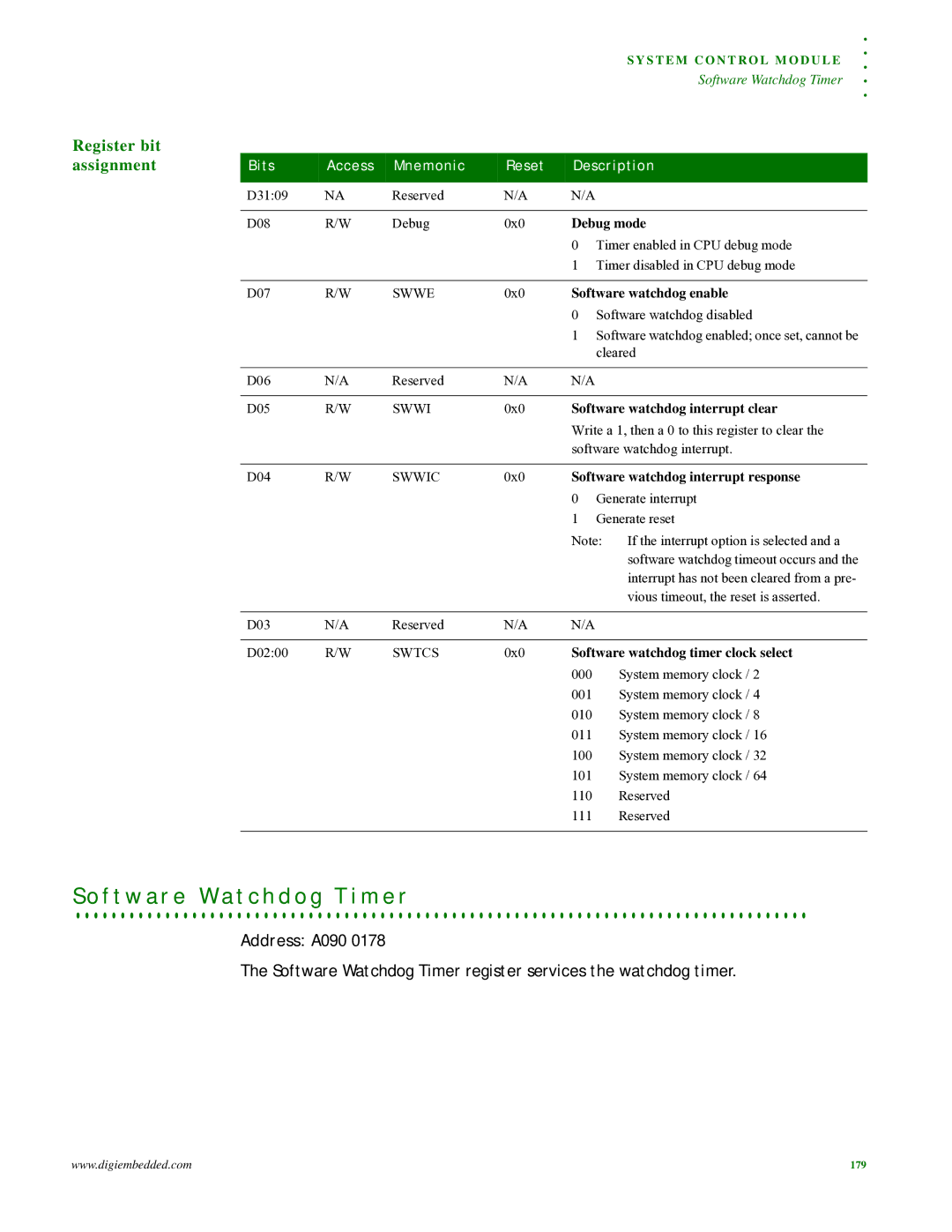 Digi NS9215 manual F t w a r e W a t c h d o g T i m e r, Software watchdog enable, Software watchdog interrupt clear 